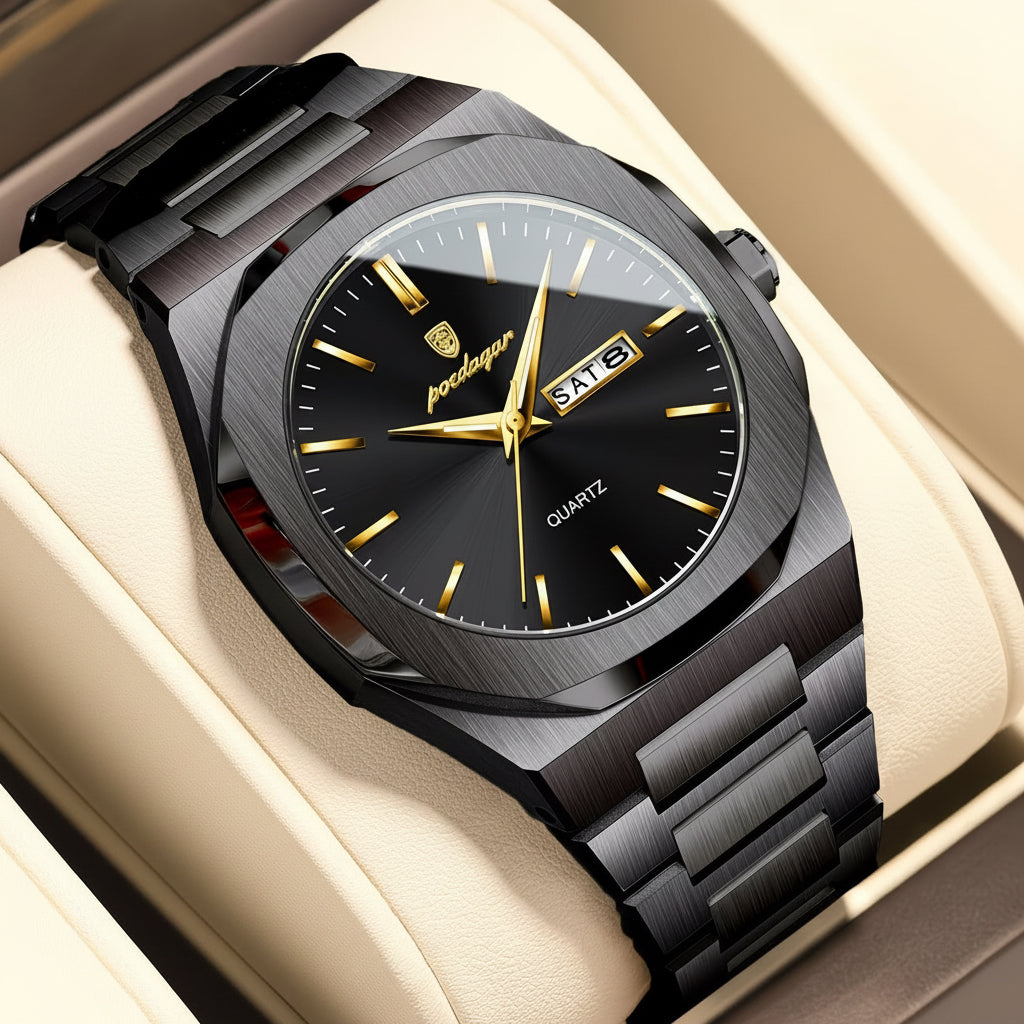 Poedagar Black & Gold Dial Quartz Stainless Steel